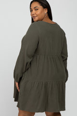 Olive Gauze Button Front Tiered Maternity Plus Dress