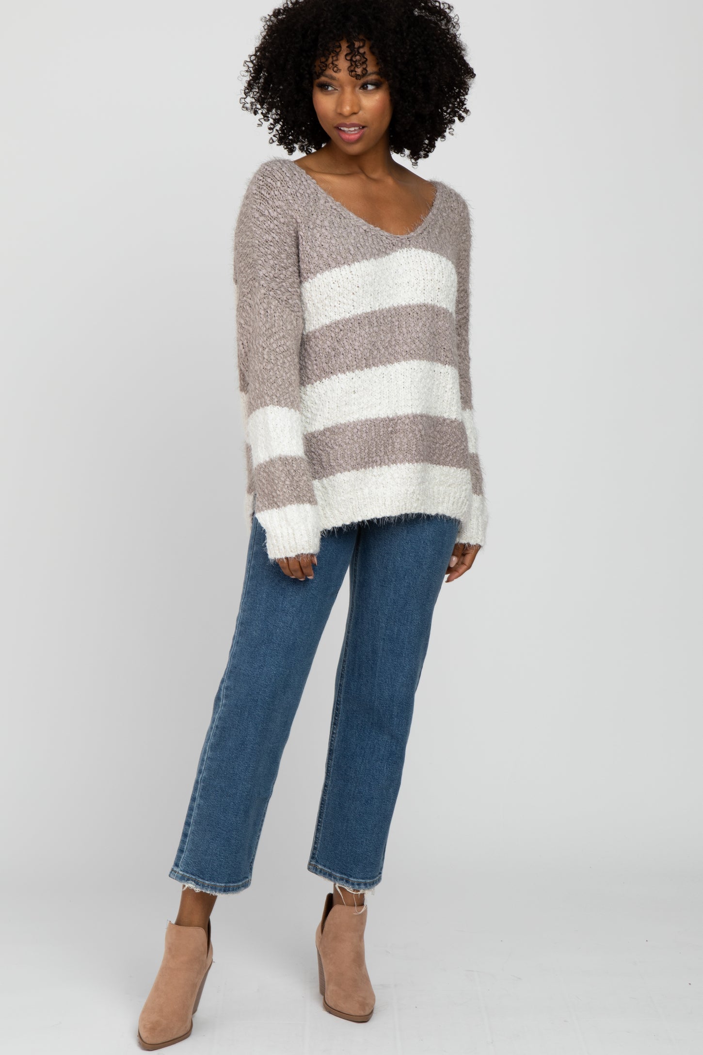 Mocha Striped V-Neck Eyelash Sweater