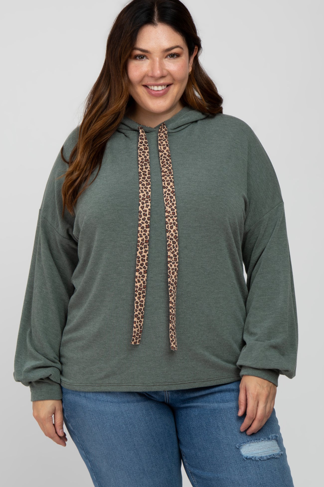 Olive Animal Print Drawstring Maternity Plus Hooded Top