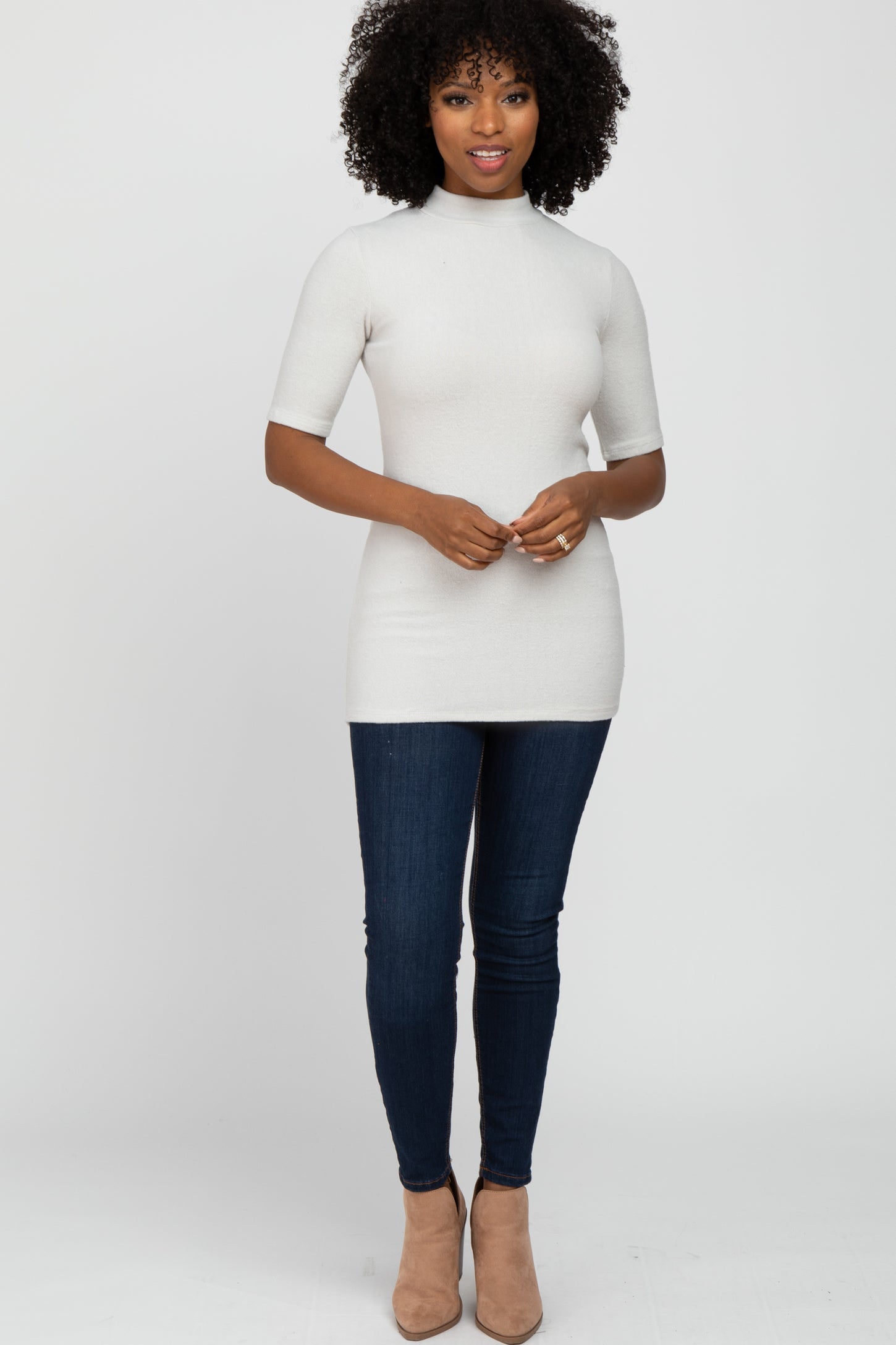 Cream Soft Brushed Knit Mock Neck Top
