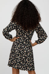 Black Floral Ribbed Ruched Bust Dress