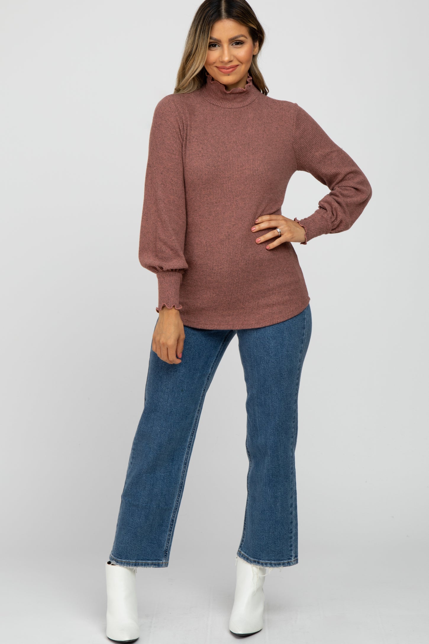 Mauve Brushed Ribbed Mock Neck Top