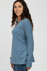 Blue Ribbed Split Neck Knit Top