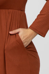 Rust Ribbed Long Sleeve Plus Dress