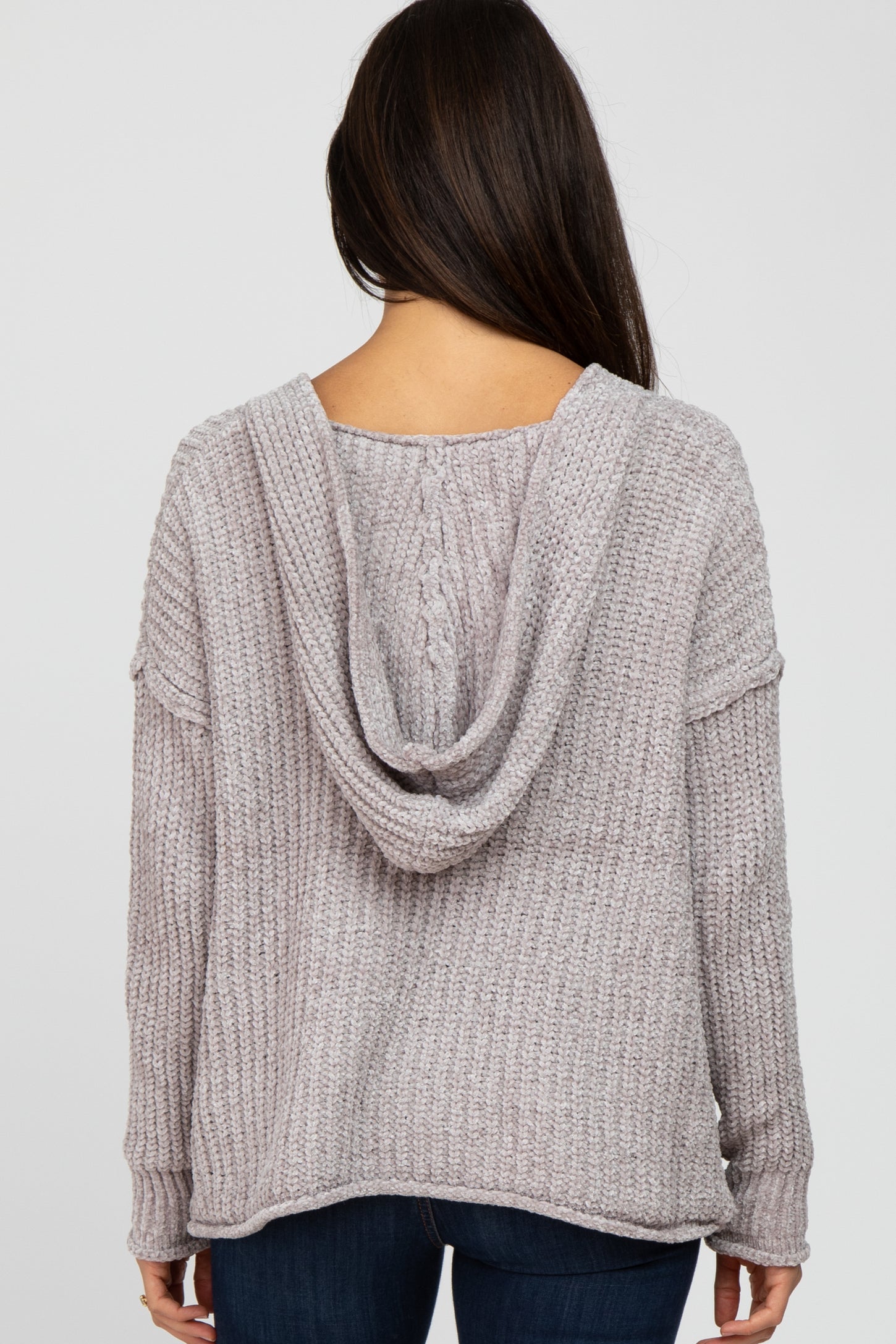 Beige Chenille V-Neck Hooded Sweater