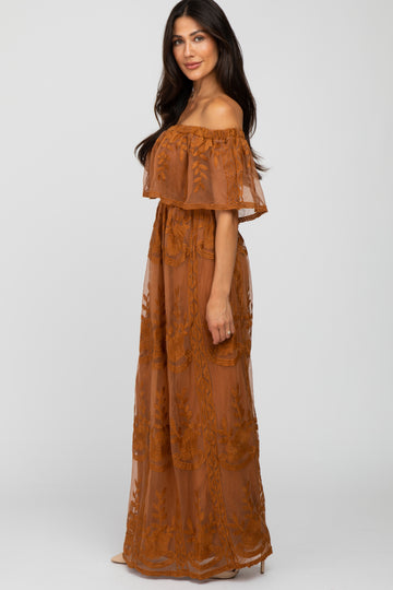 Camel Lace Overlay Off Shoulder Flounce Maxi Dress