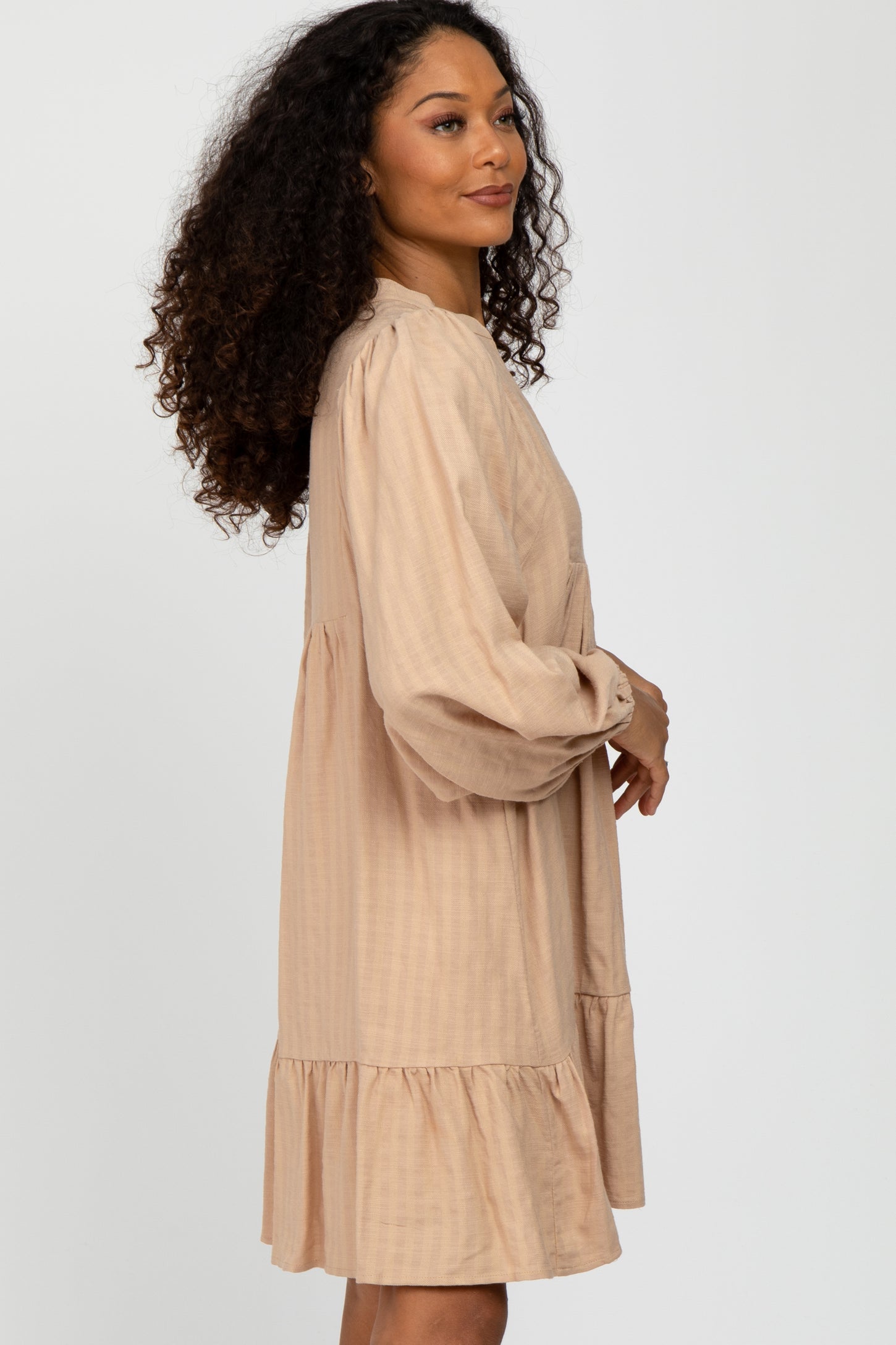 Beige Linen Button Front Ruffle Hem Dress