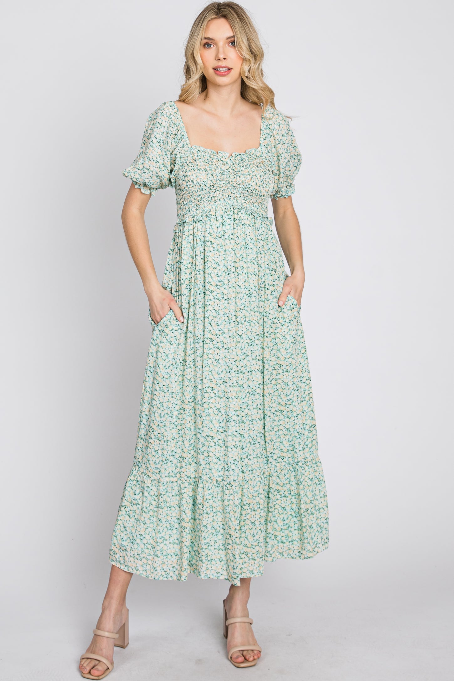 Mint Floral Sweetheart Neck Midi Dress