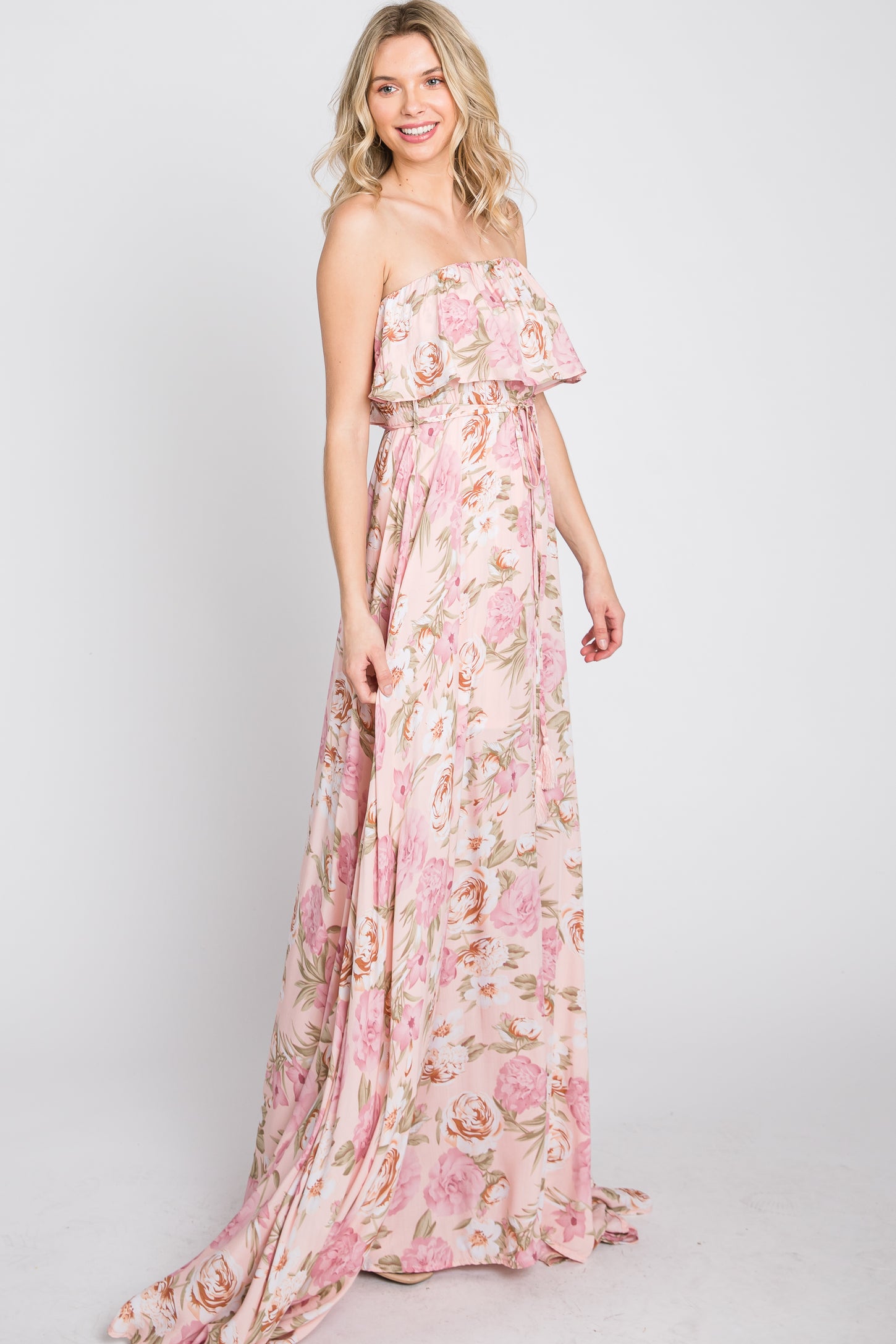 Pink Floral Strapless Ruffle Front Maxi Dress