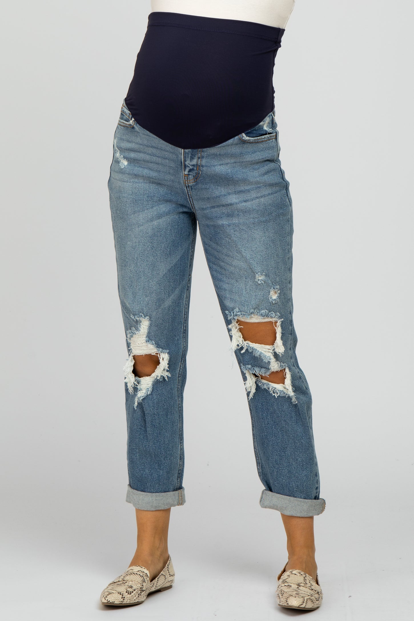 Blue Distressed Cuffed Maternity Jeans