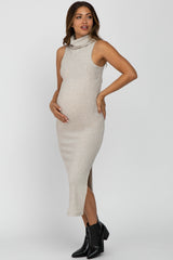 Beige Ribbed Turtleneck Fitted Midi Maternity Dress