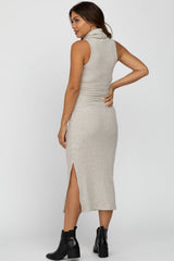 Beige Ribbed Turtleneck Fitted Midi Maternity Dress