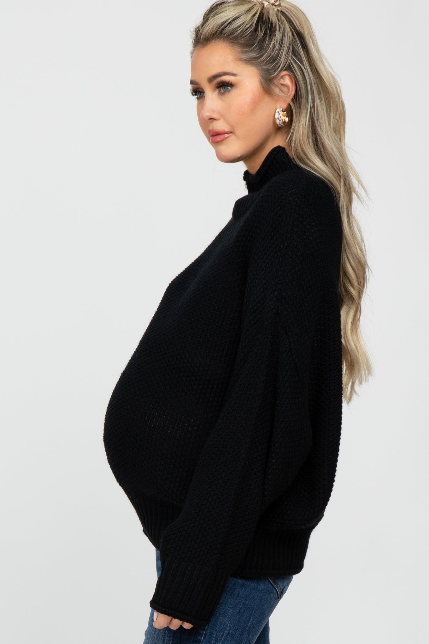 Black Mock Neck Cable Knit Maternity Sweater