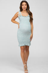 Mint Green Floral Smocked Square Neck Tied Strap Maternity Dress
