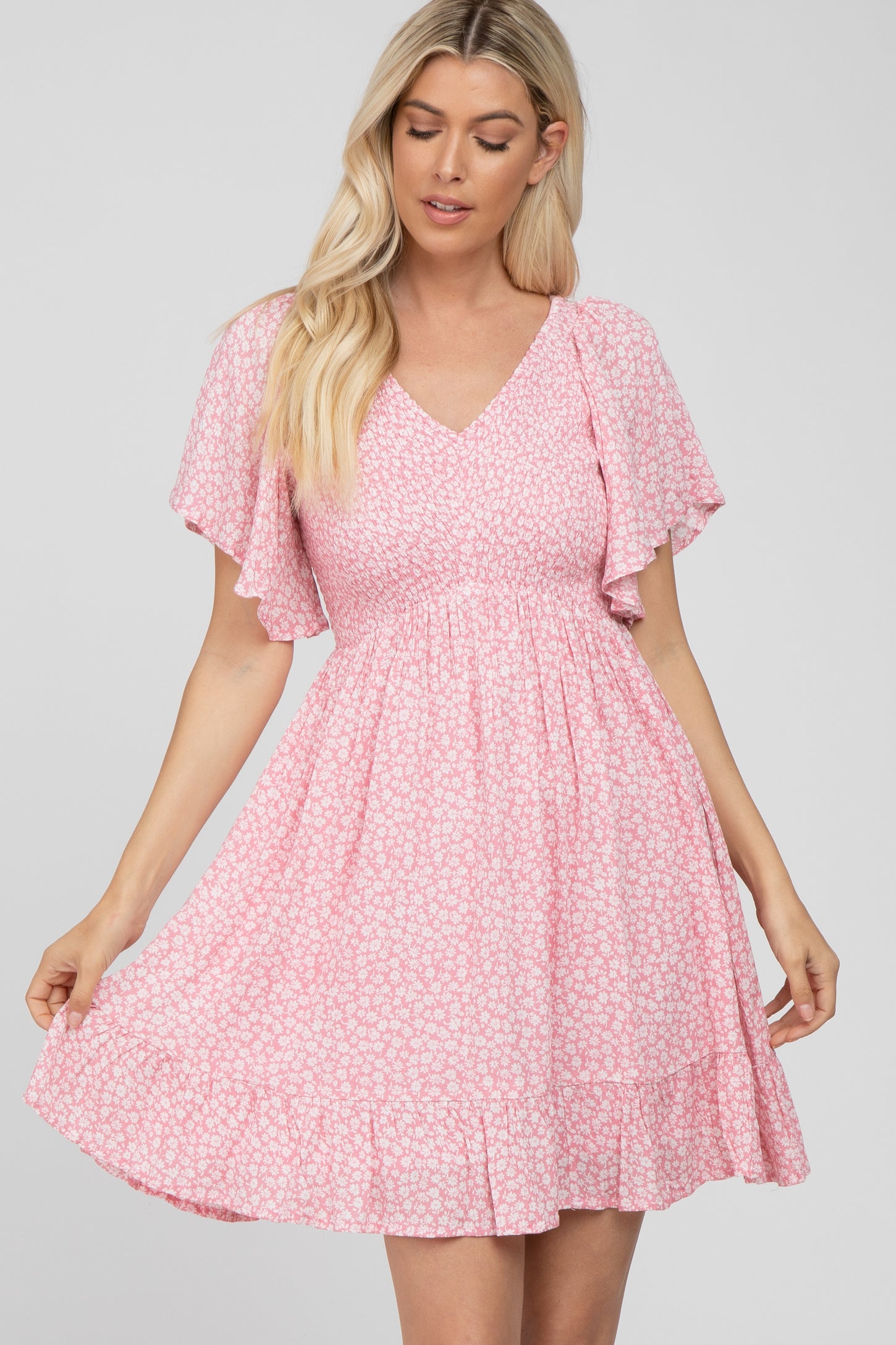 Light Pink Floral Print Smocked V-Neck Maternity Dress