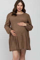 Mocha Brushed Knit Tiered Maternity Plus Dress