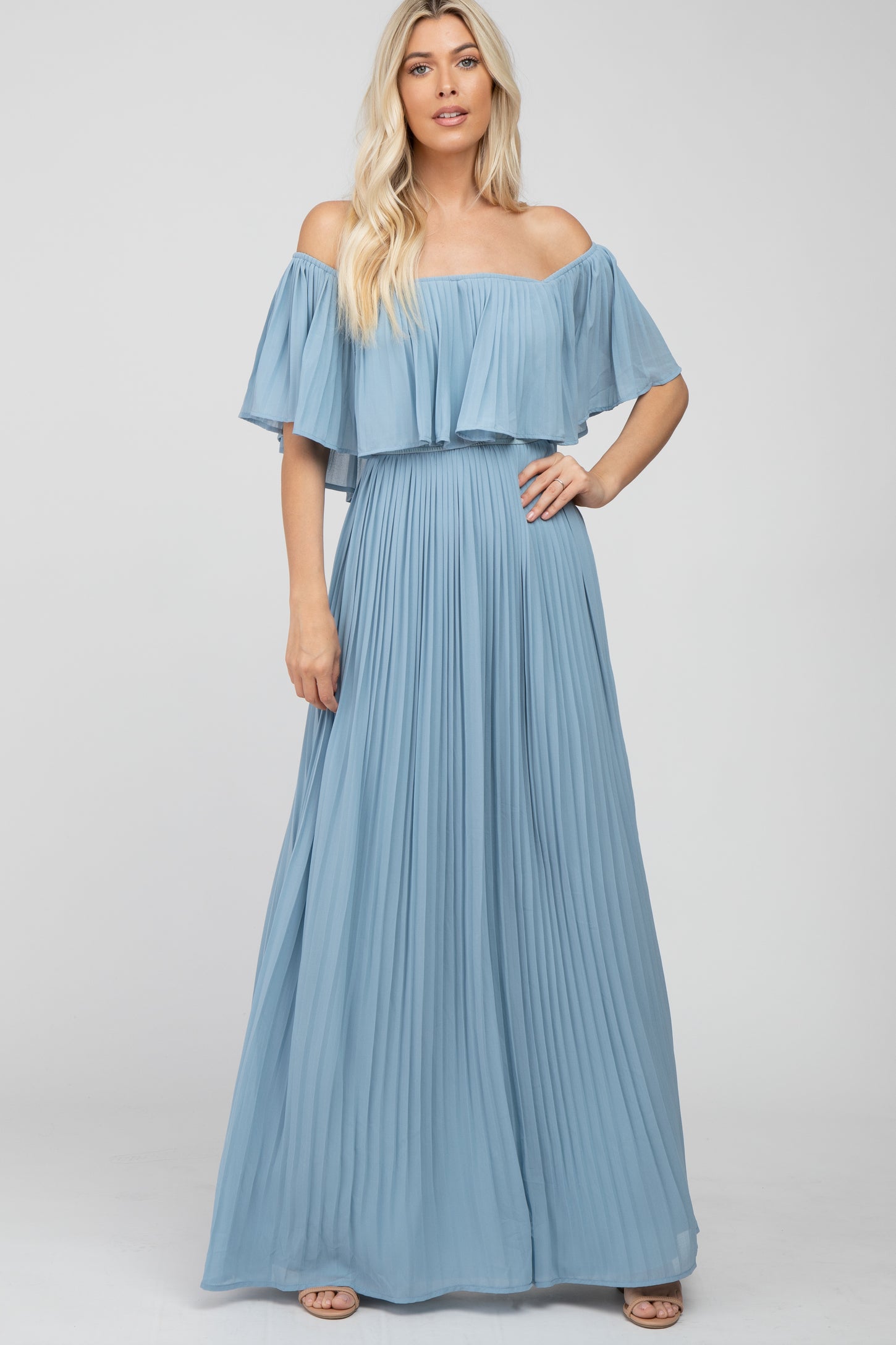 Light Blue Chiffon Pleated Off Shoulder Maternity Maxi Dress