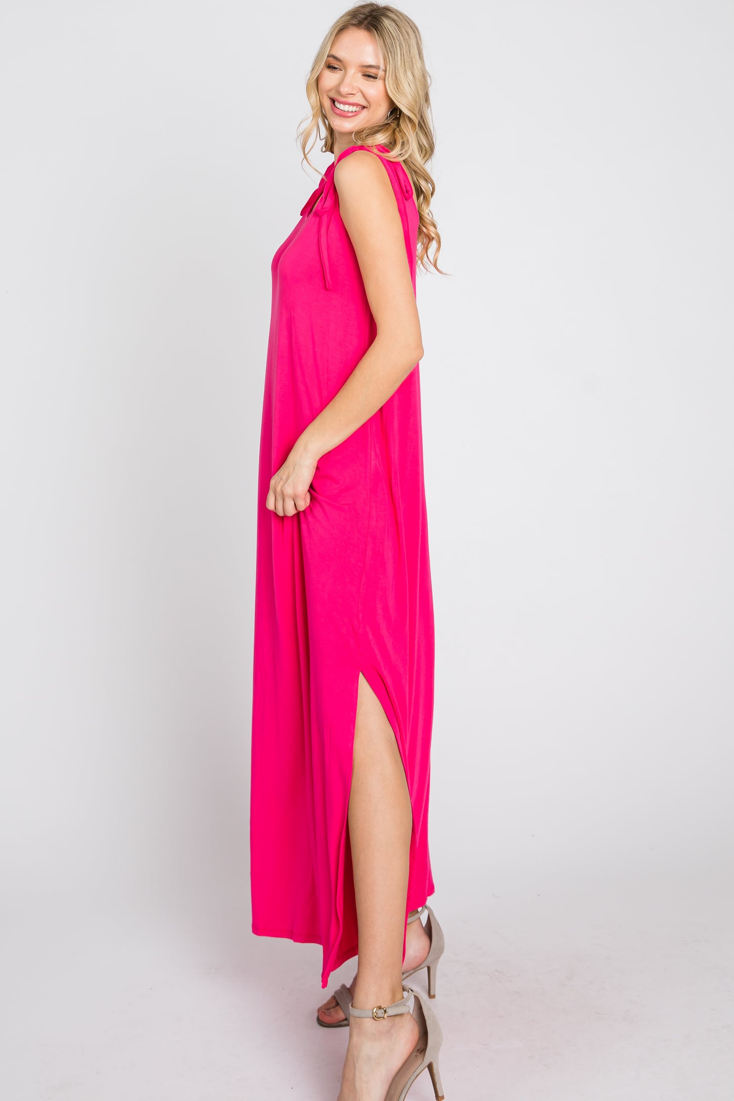 Fuchsia Tie Strap Side Slit Maxi Dress