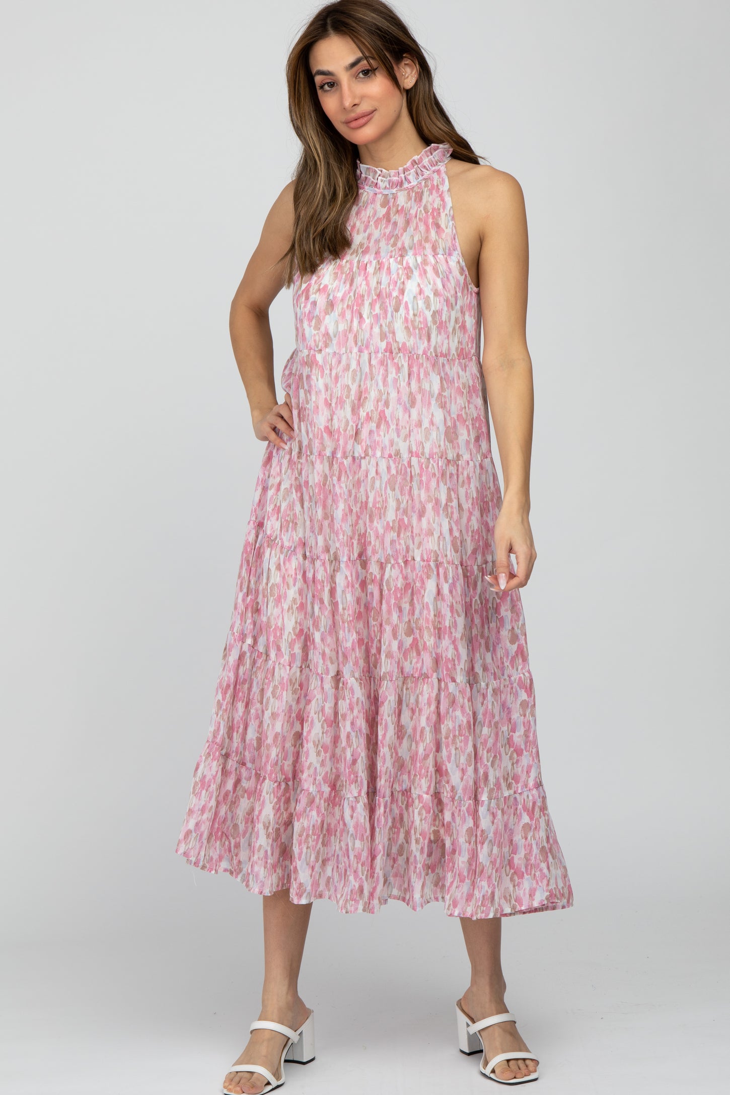Pink Printed Sleeveless Tiered Midi Dress