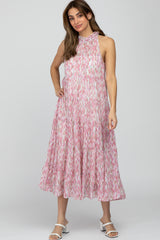 Pink Printed Sleeveless Tiered Midi Dress