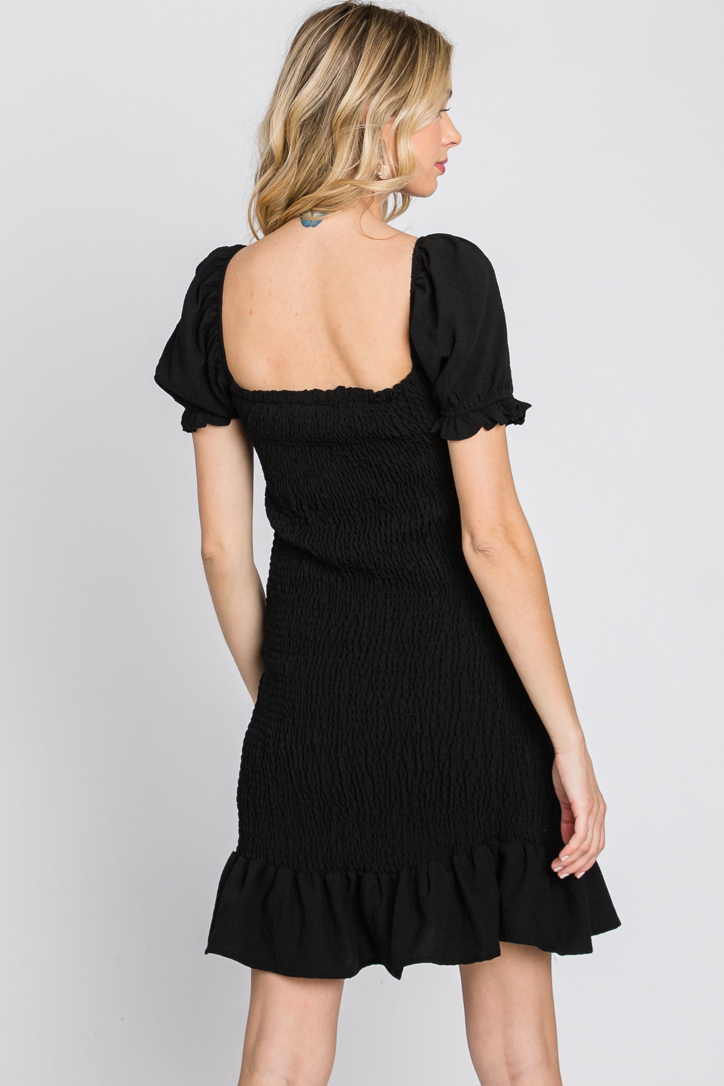 Black Smocked Puff Sleeve Dress