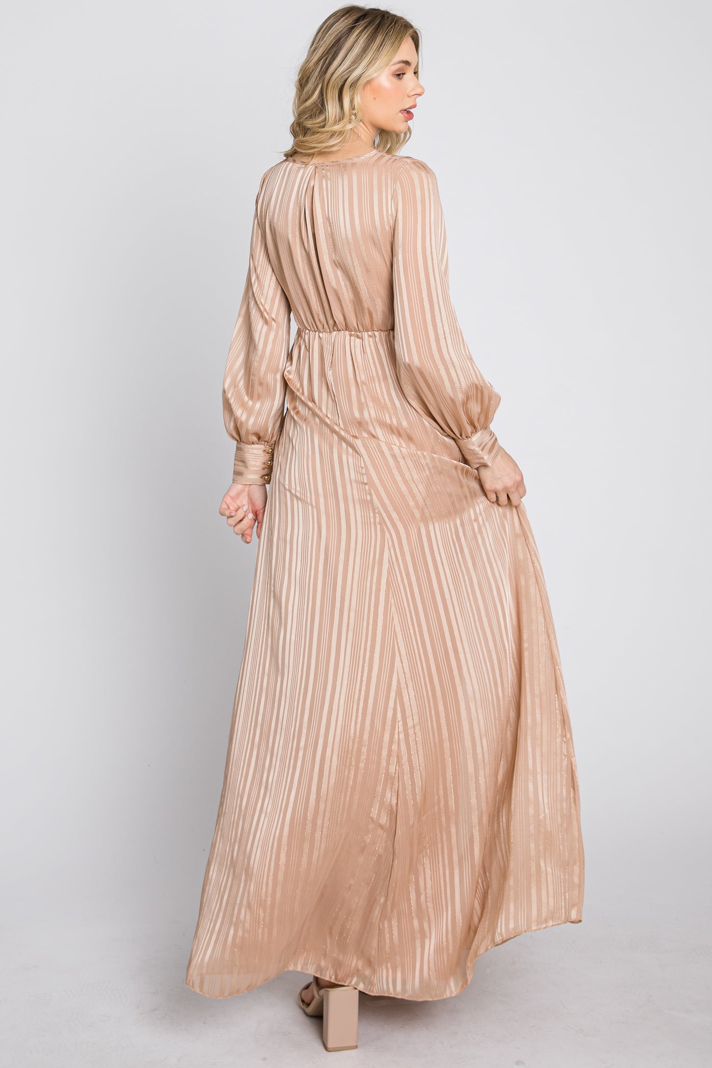 Taupe Striped Shimmer Chiffon Maxi Dress