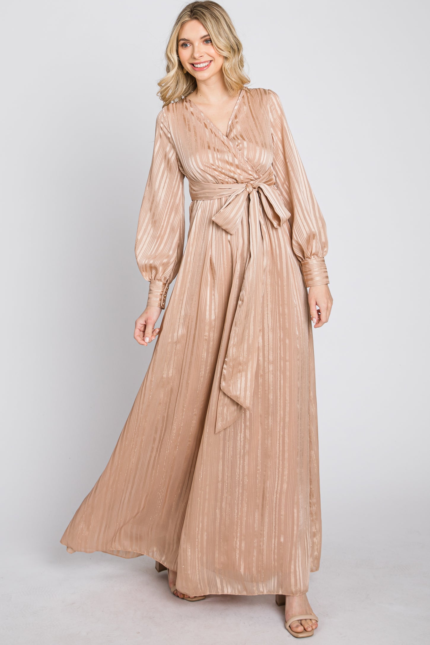Taupe Striped Shimmer Chiffon Maxi Dress