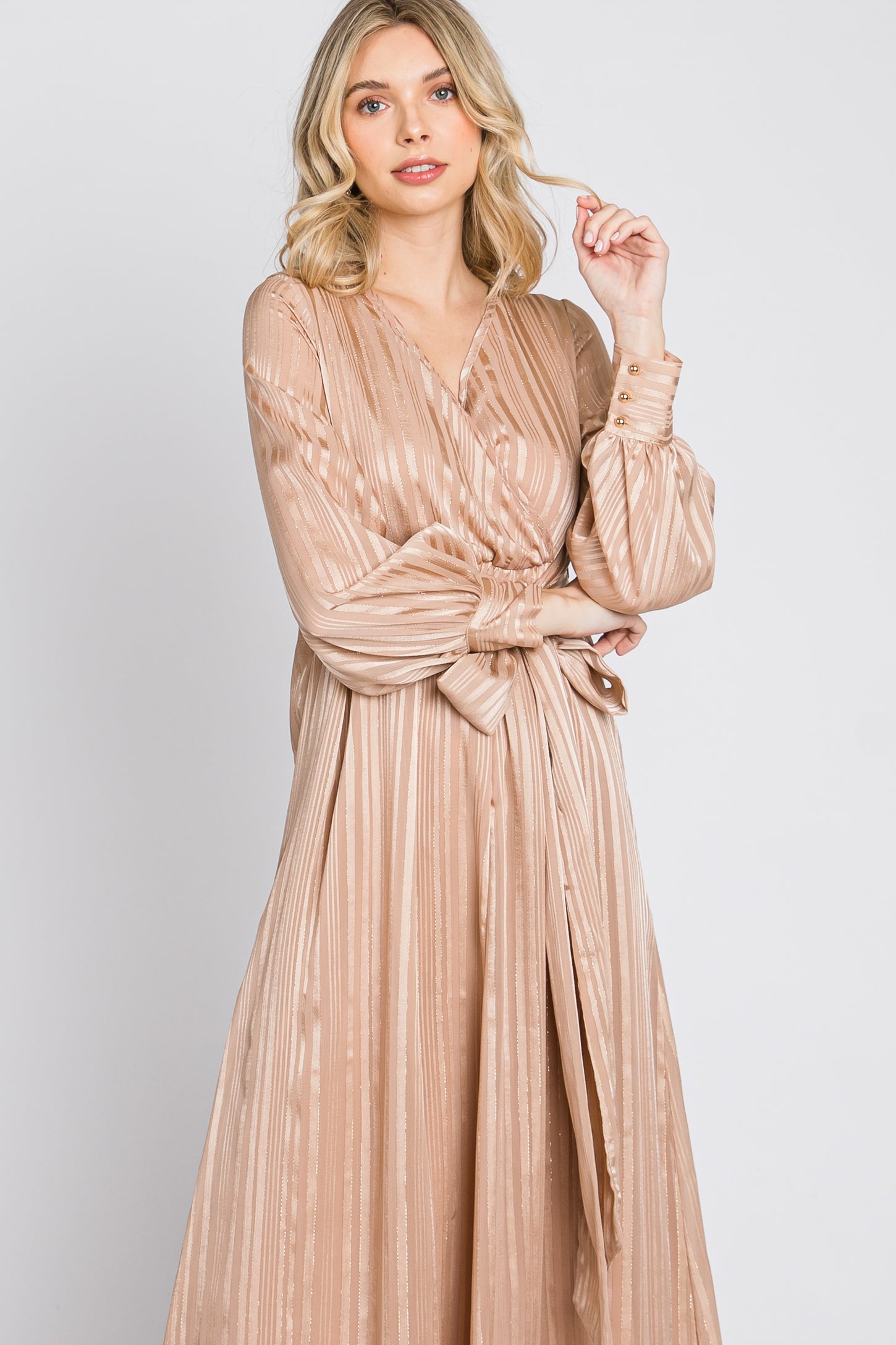 Taupe Striped Shimmer Chiffon Maxi Dress