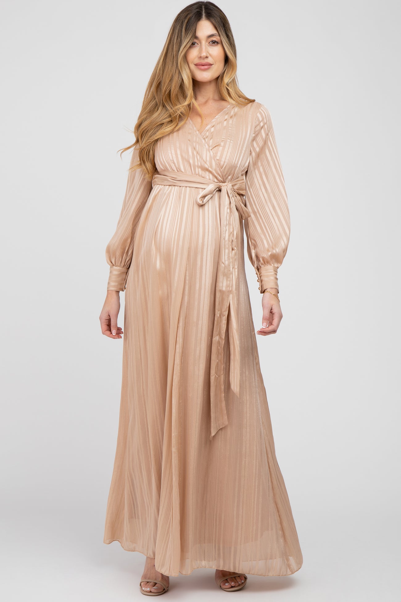 Taupe Striped Shimmer Chiffon Maternity Maxi Dress