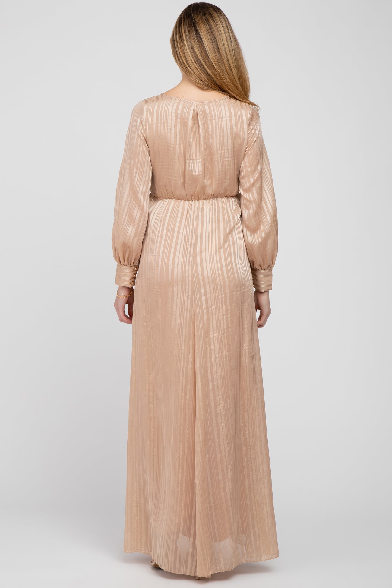 Taupe Striped Shimmer Chiffon Maternity Maxi Dress