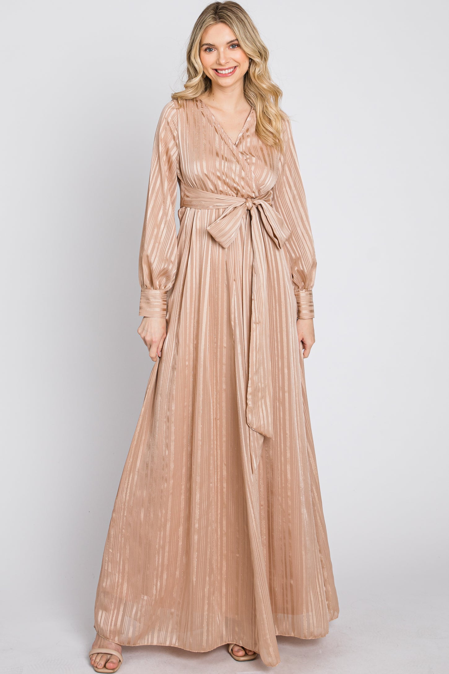 Taupe Striped Shimmer Chiffon Maxi Dress