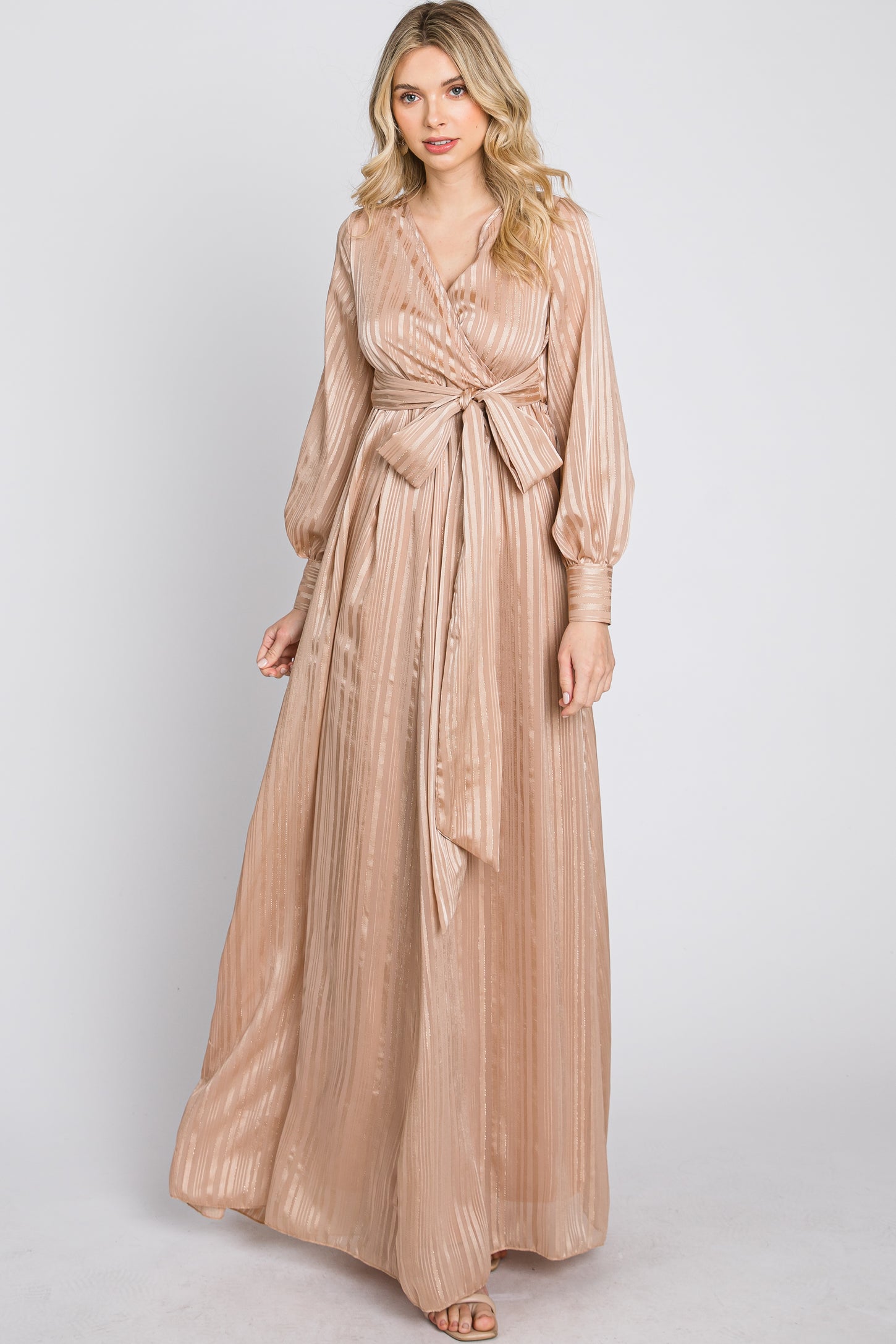 Taupe Striped Shimmer Chiffon Maxi Dress