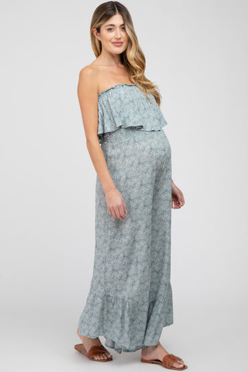 Blue Floral Strapless Ruffle Hem Maternity Jumpsuit