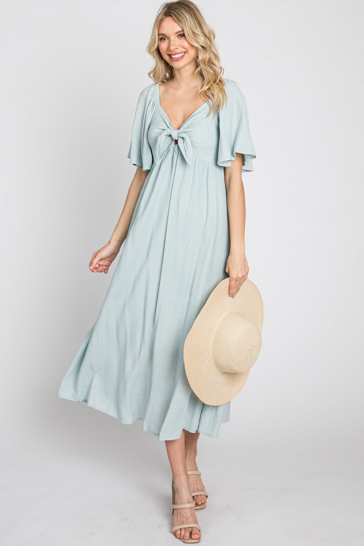 Light Blue Front Tie Ruffle Sleeve Midi Dress