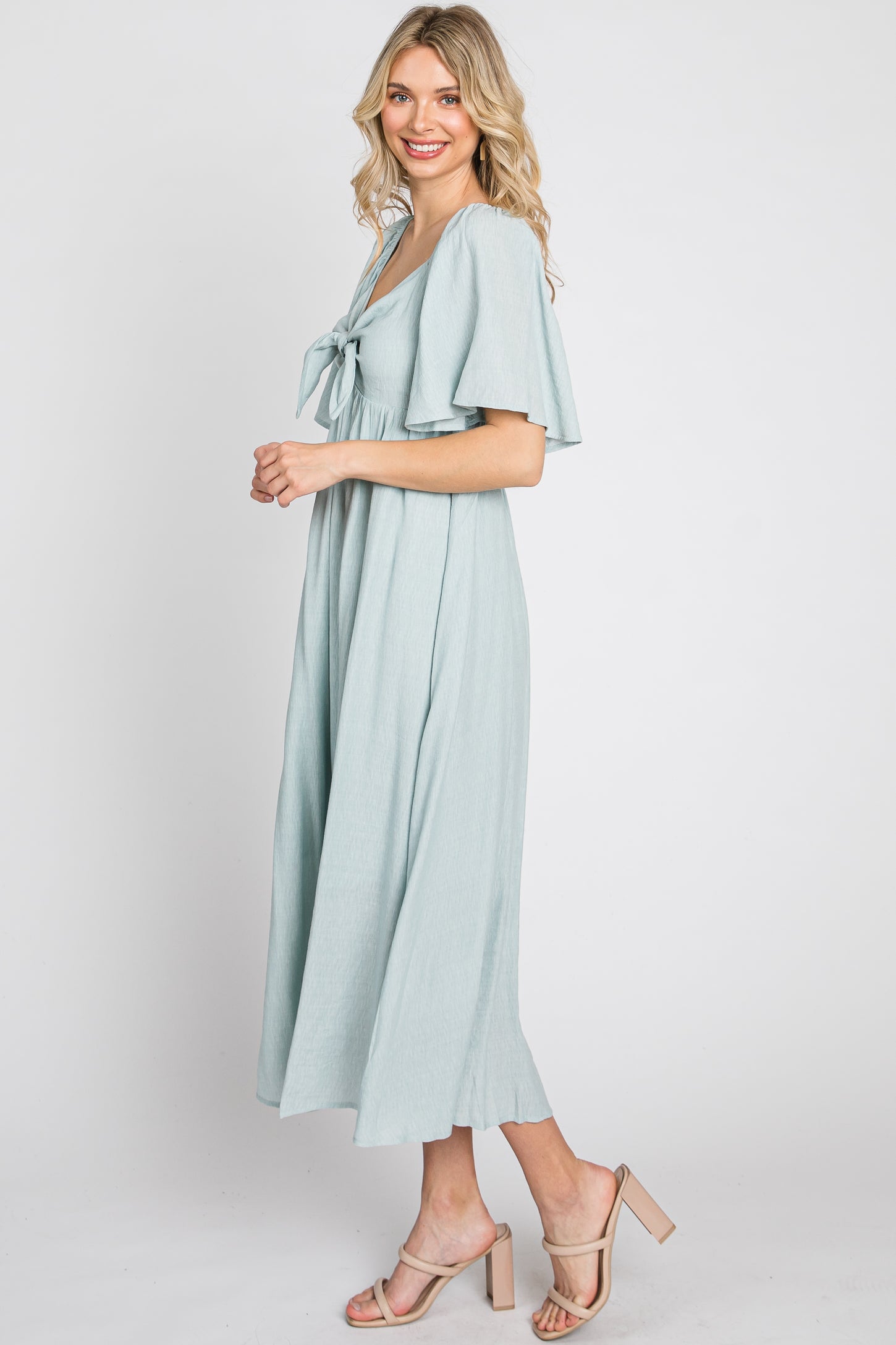 Light Blue Front Tie Ruffle Sleeve Midi Dress