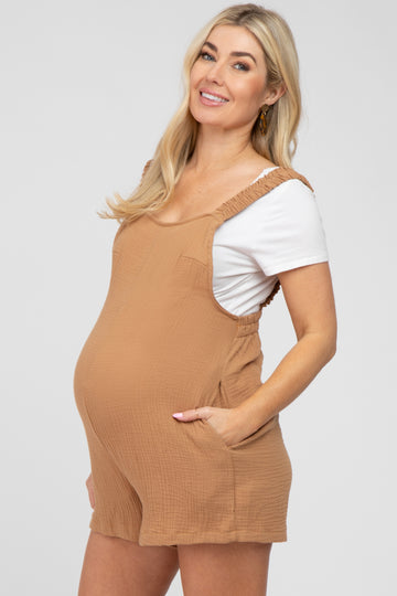 Camel Square Neck Elastic Strap Maternity Romper
