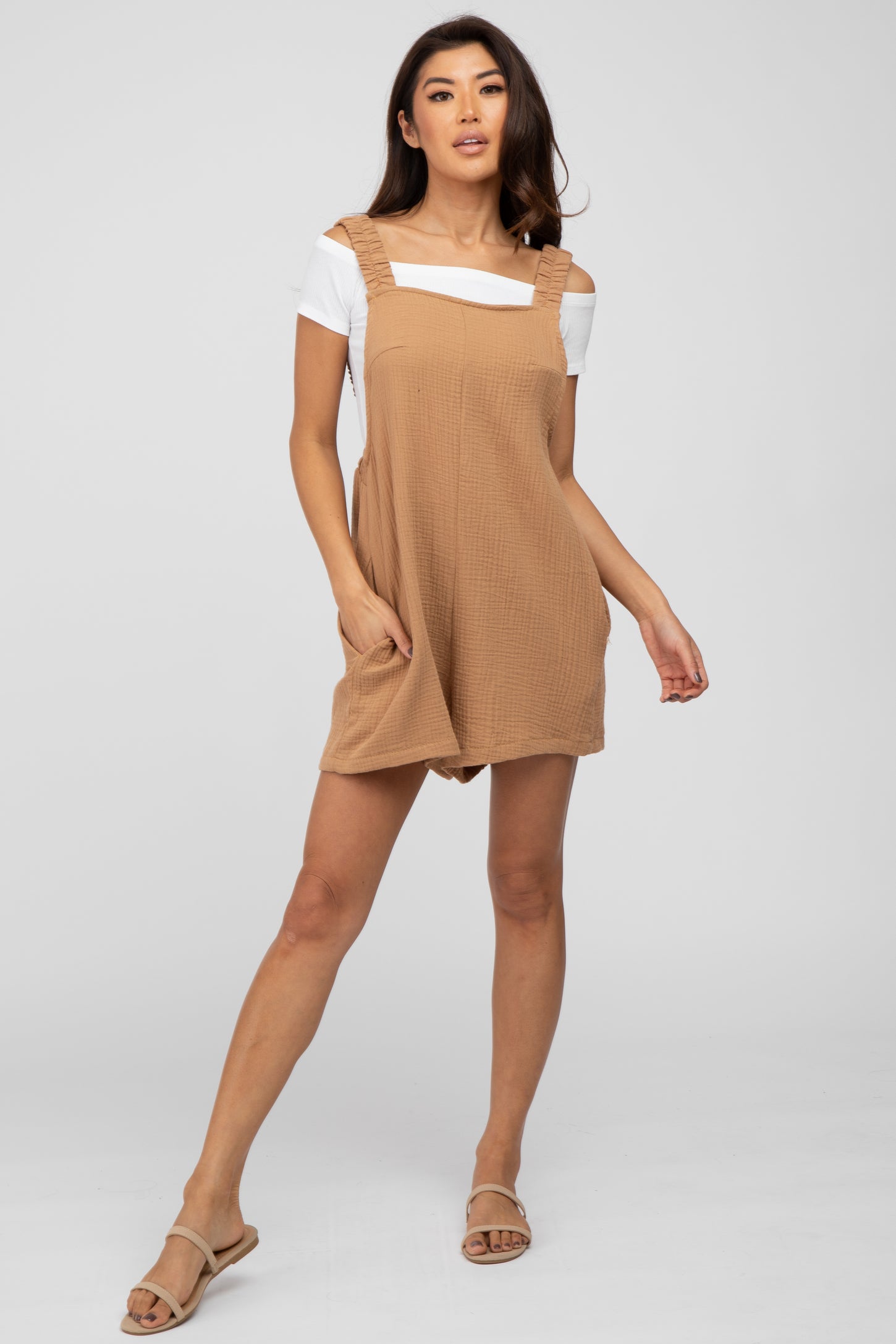 Camel Square Neck Elastic Strap Maternity Romper