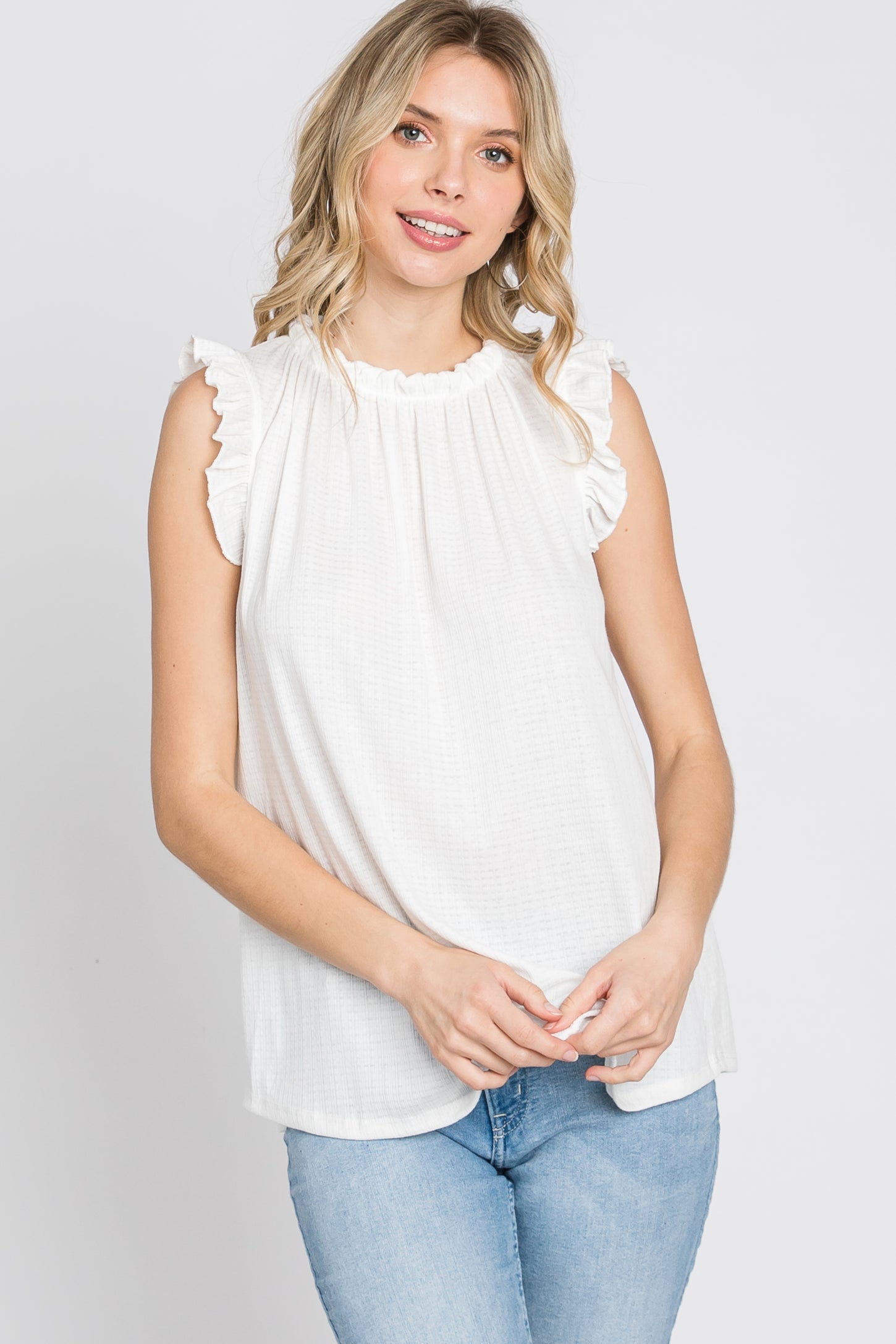Ivory Ruffle Accent High Neck Top