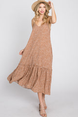 Camel Animal Print Ruffle Hem Midi Dress