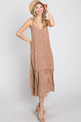 Camel Animal Print Ruffle Hem Midi Dress