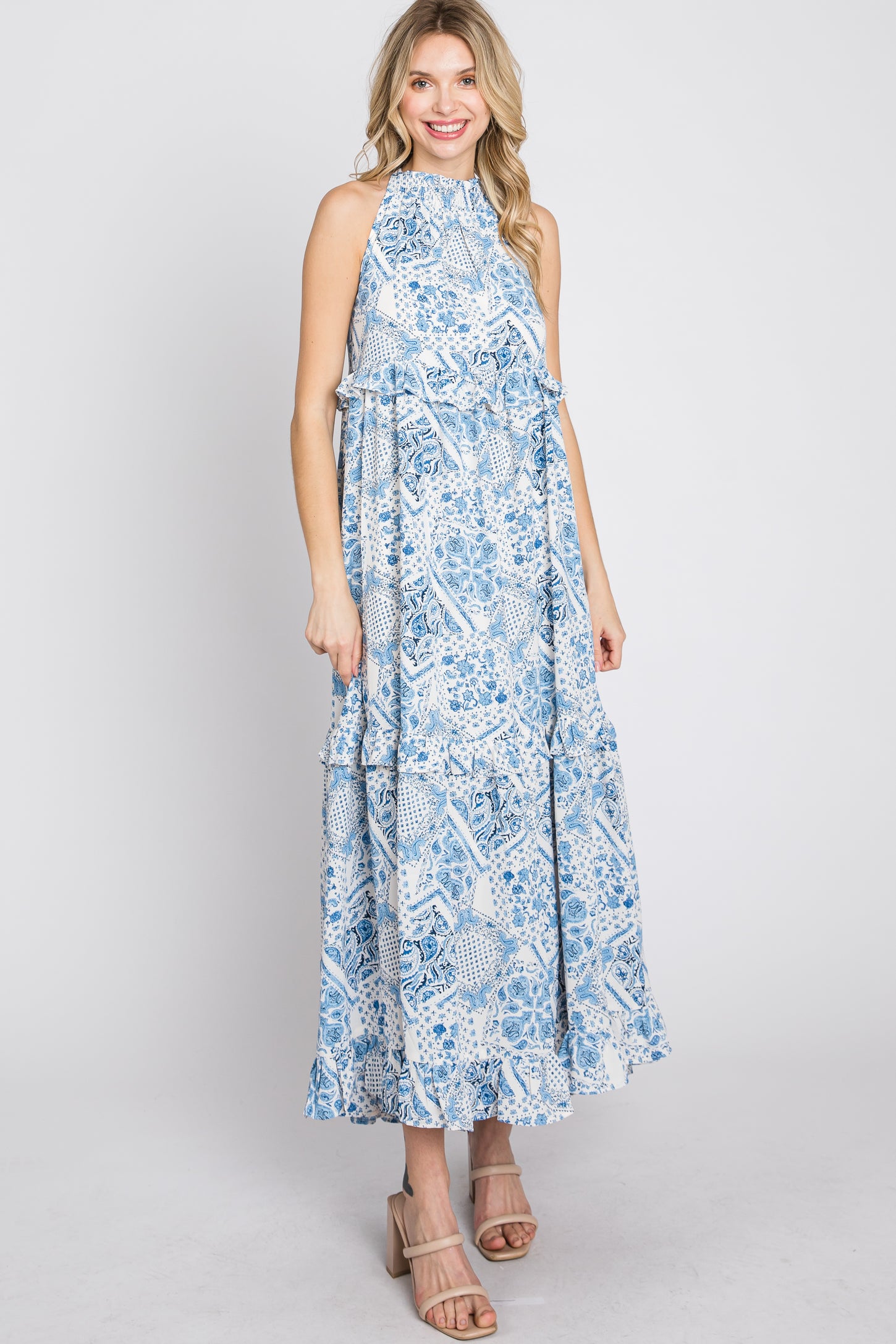 Blue Floral Paisley Print Tiered Maxi Dress