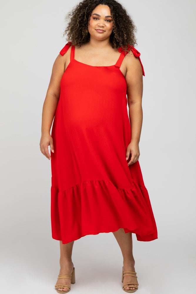 Red Strap Ruffle Hem Maternity Plus Midi Dress