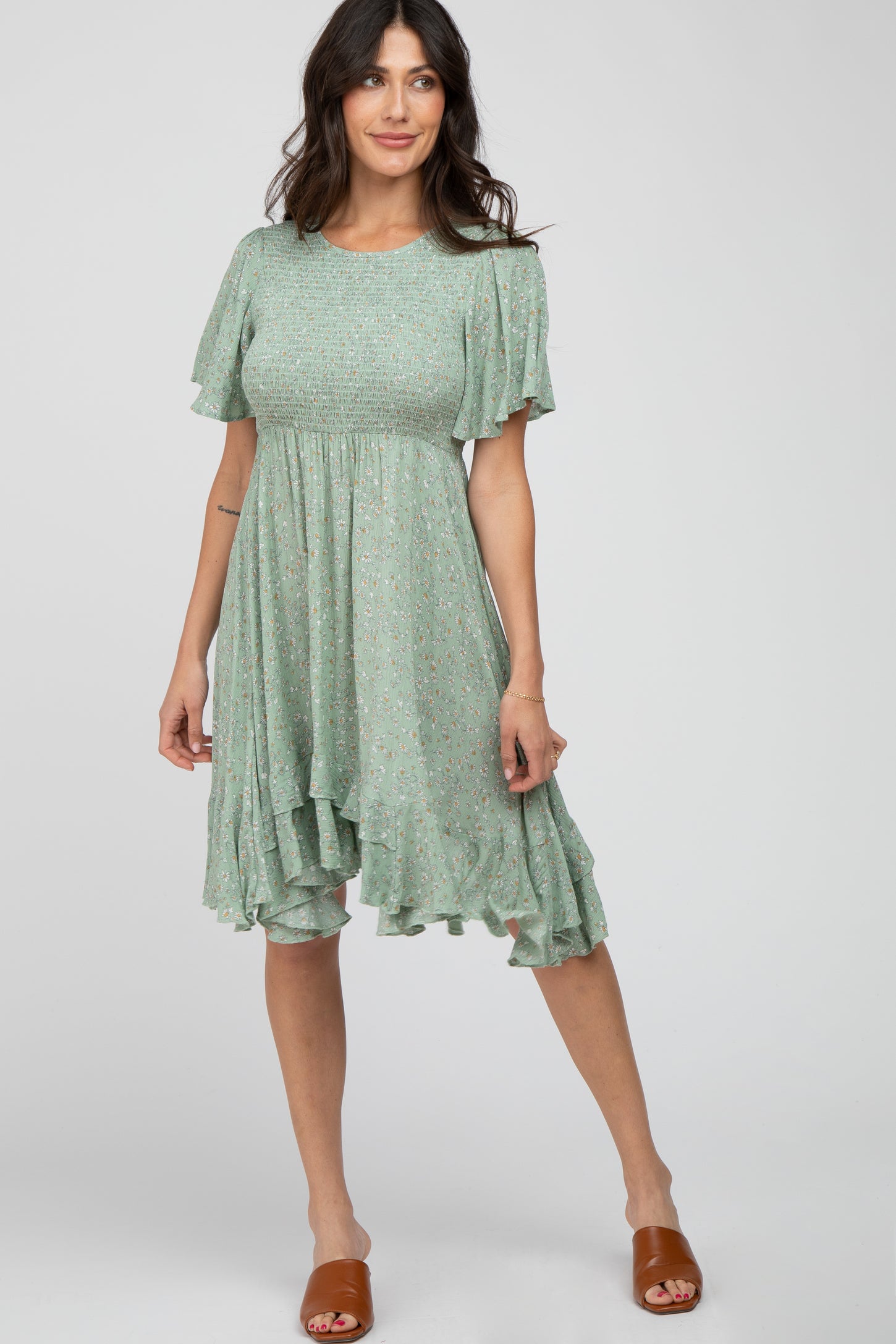 Light Olive Floral Smocked Ruffle Maternity Dress