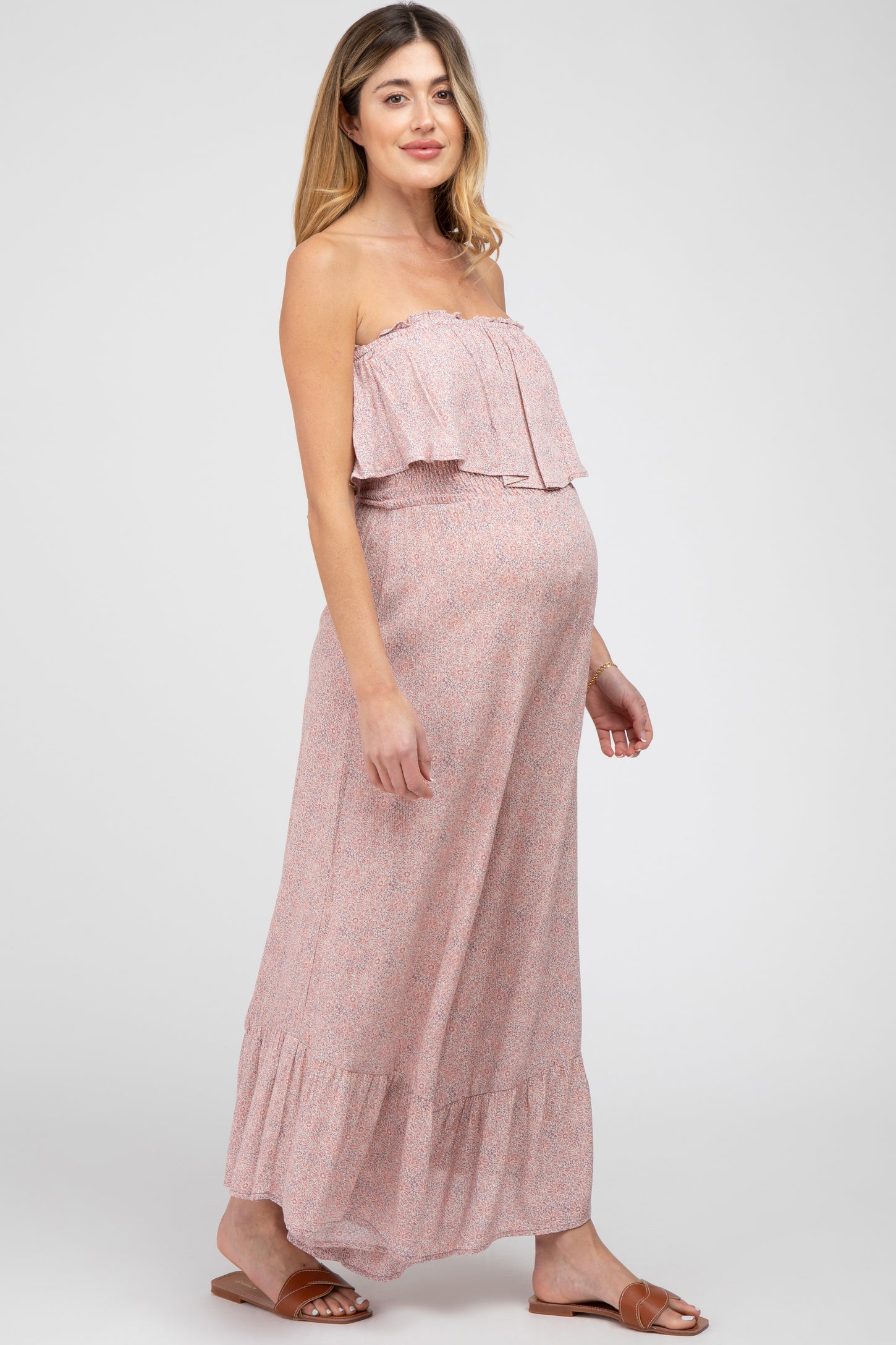 Mauve Floral Strapless Ruffle Hem Maternity Jumpsuit