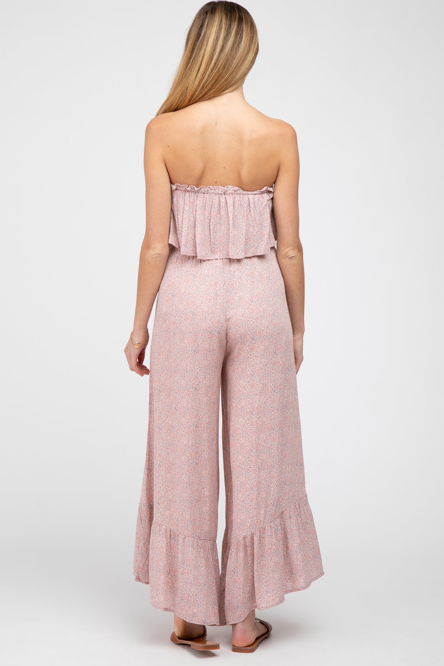 Mauve Floral Strapless Ruffle Hem Maternity Jumpsuit