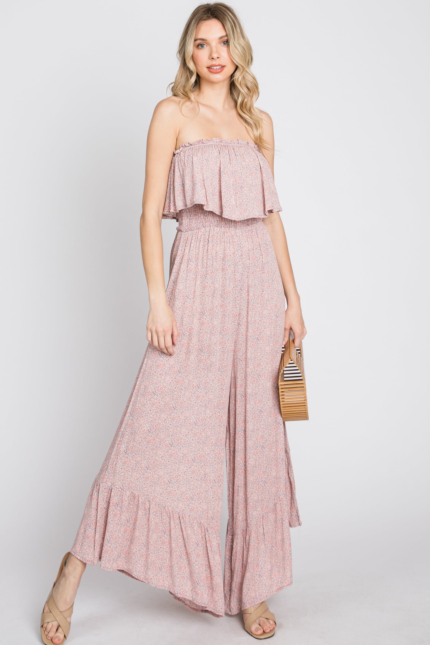 Mauve Floral Strapless Ruffle Hem Maternity Jumpsuit