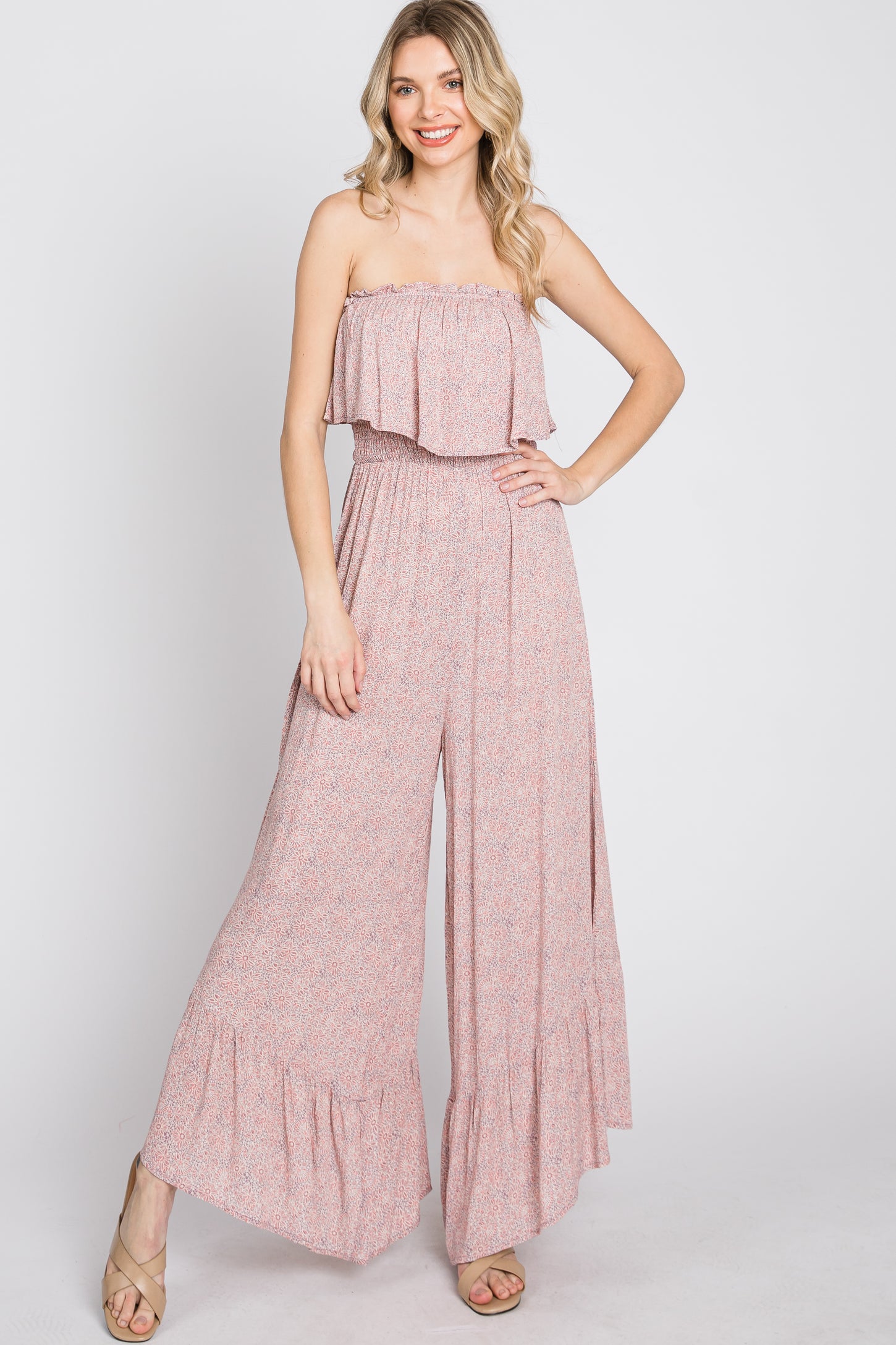 Mauve Floral Strapless Ruffle Hem Jumpsuit