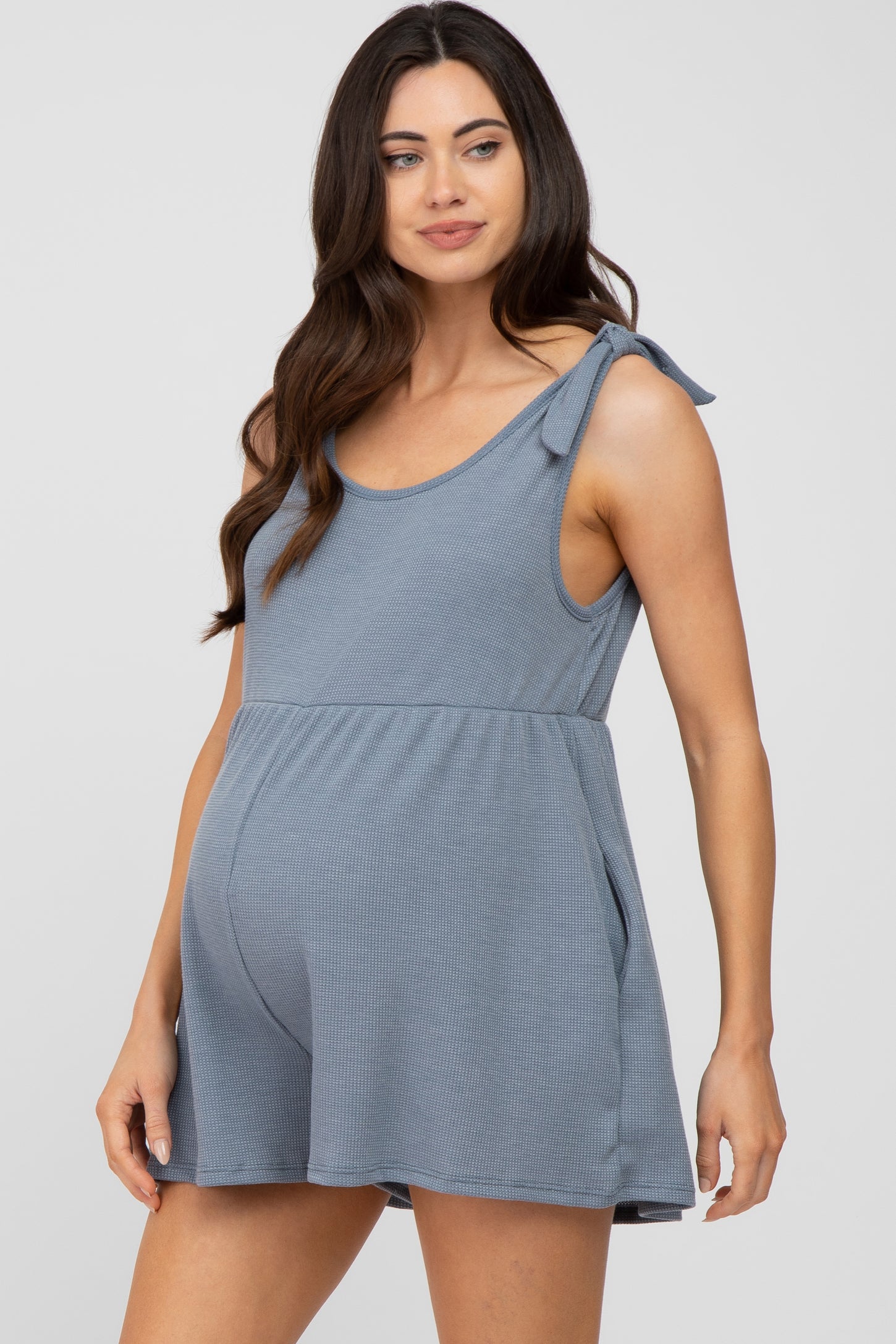 Blue Waffle Knit Shoulder Tie Maternity Romper