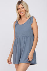 Blue Waffle Knit Shoulder Tie Romper