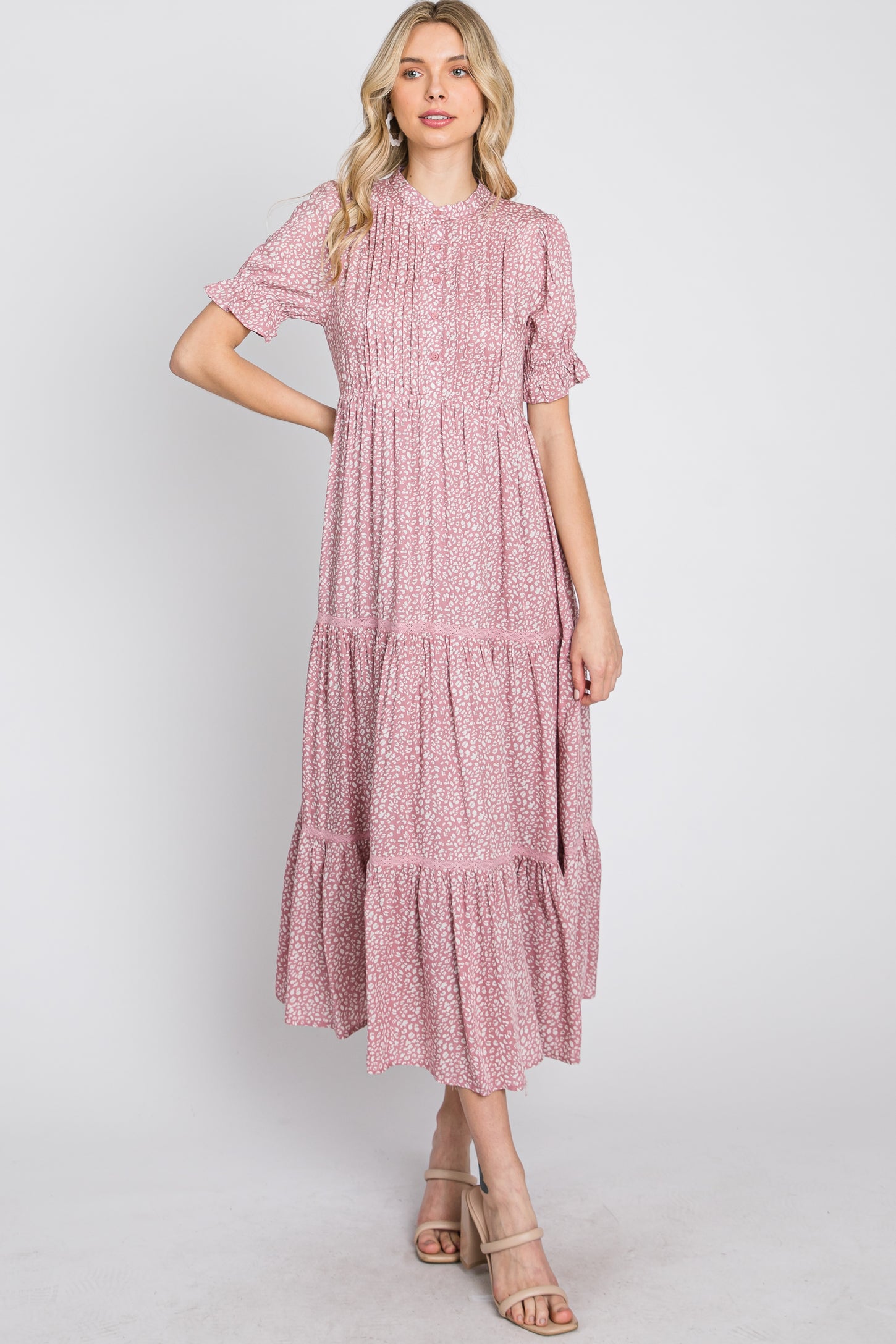 Mauve Animal Print Button Front Tiered Midi Dress
